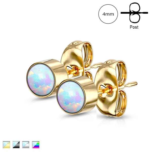 316L acél fülbevaló - szivárvány szintetikus opál, stekkeres, 4 mm - Szín: Sarki fény