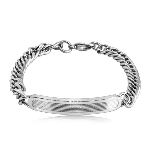 Acél karkötő - fényes, lekerekített lemez vésett vonalakkal, csavart láncszemekből készült lánc,homár karmos zár