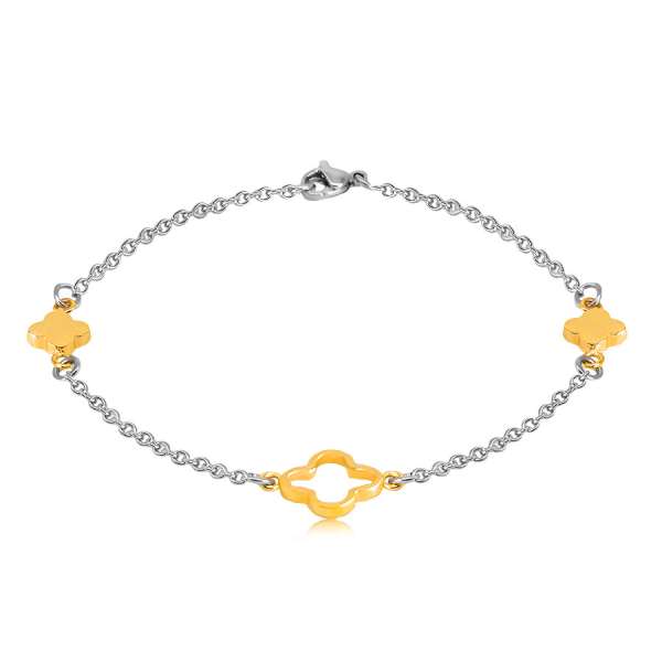 Acél karkötő arany és ezüst színben - kisebb virágok, középen nagyobb virág körvonala, finom lánc