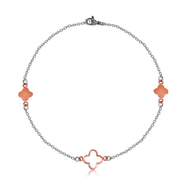 Acél karkötő réz és ezüst színben - kisebb virágok, középen nagyobb virág körvonala, finom lánc