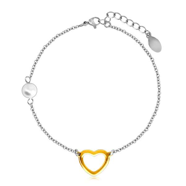 Acél karkötő gyönggyel, arany körvonalú szívvel