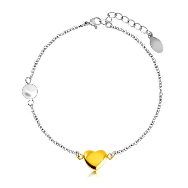 Acél karkötő - sima, fényes szív arany színben, gyönggyel, finom lánc