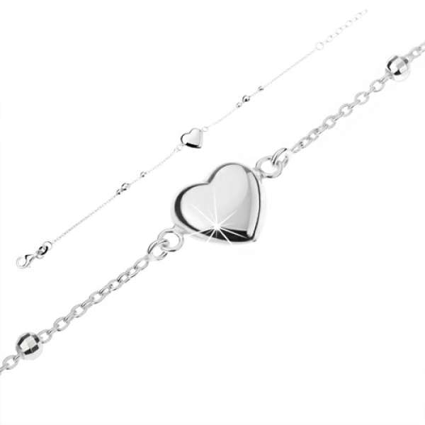 925 ezüst karkötő, kidomborodó fényes szív, csiszolt golyók