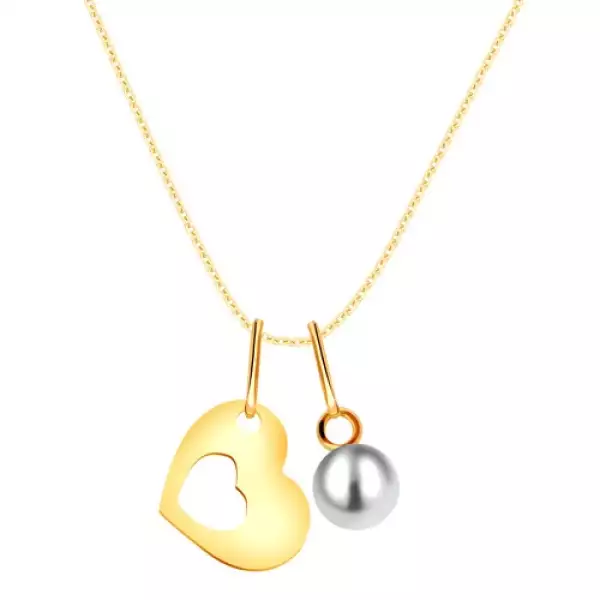 375 arany nyaklánc - szív sziluett egy kivágással a közepén, kerek fehér gyöngy