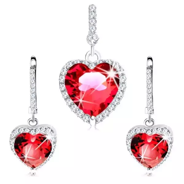 925 ezüst szett - fülbevaló és medál, piros szív átlátszó cirkóniákkal
