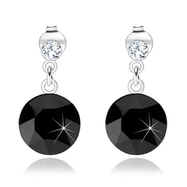 925 ezüst fülbevaló, kerek Swarovski kristály, fekete s átlátszó árnyalat, 10 mm