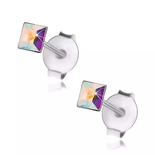 925 ezüst fülbevaló, szivárvány Swarovski kristály - négyzet, 3 mm