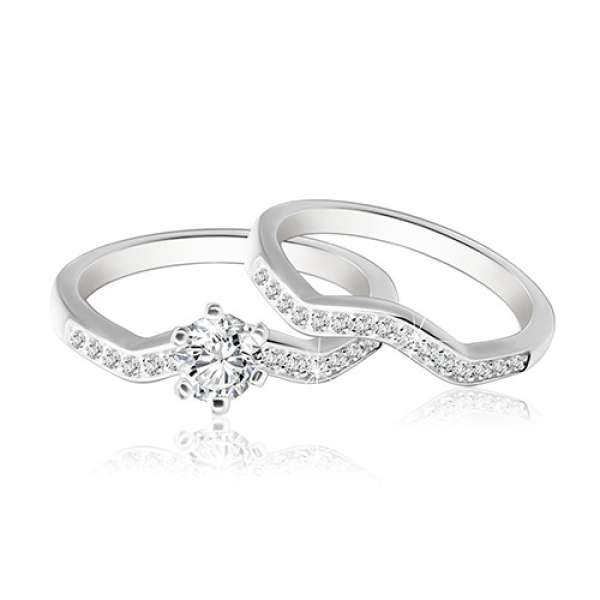 Két részes 925 ezüst szett karikagyűrű és gyűrű - hullámos cirkóniás vonal, csillogó kerek cirkónia - Nagyság_ 66