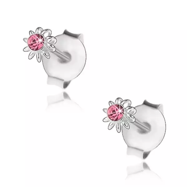 925 ezüst fülbevaló, rózsaszín Swarovski kristály, virág