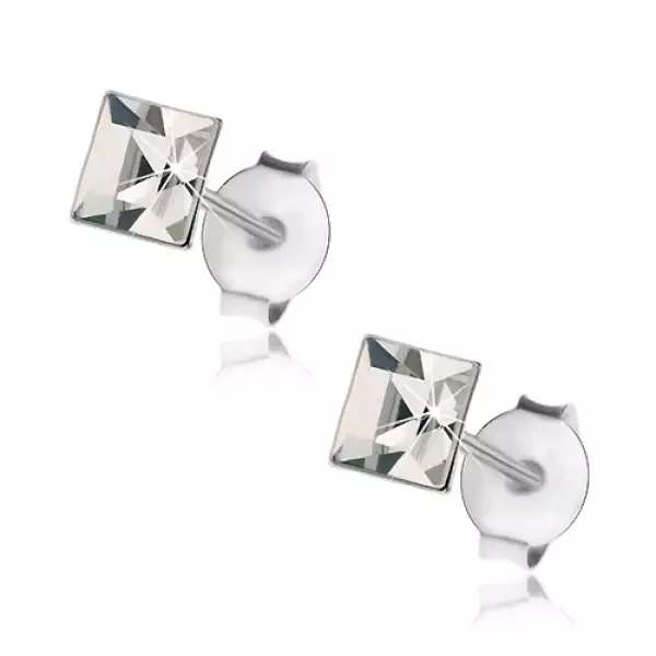 Beszúrós fülbevaló - 925 ezüst, átlátszó Swarovski kristály - négyzet, 4 mm