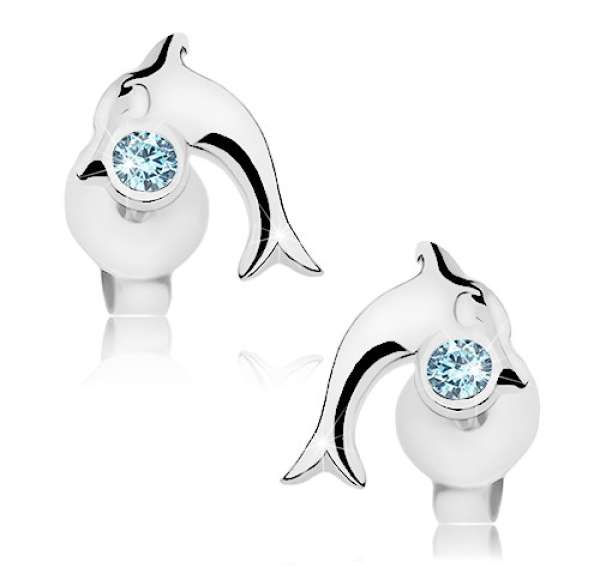 925 ezüst fülbevaló, fényes ugró delfin kék Swarovski kristállyal
