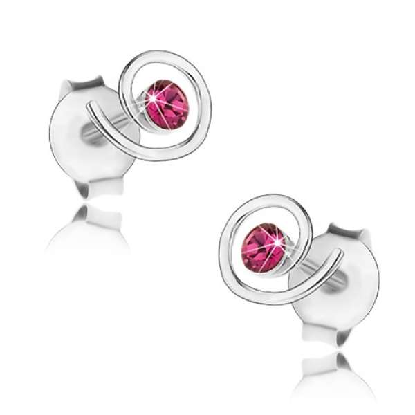 925 ezüst fülbevaló, fényes spirál, fukszia színű Swarovski kristály