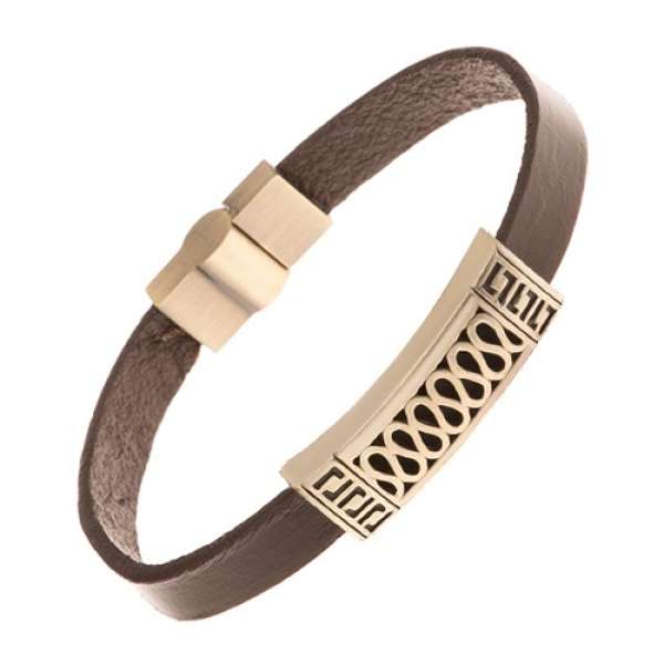 Barna bőr karkötő, sárgaréz színű tábla - hullámok, bevágások