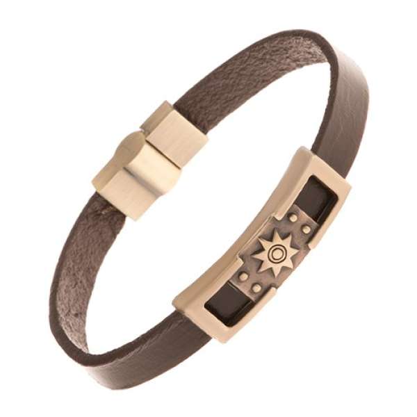 Barna bőr karkötő, sárgaréz színű tábla - napocska, bevágások