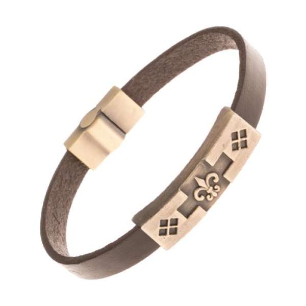 Barna bőr karkötő, patinált felület réz színben, Fleur de lis