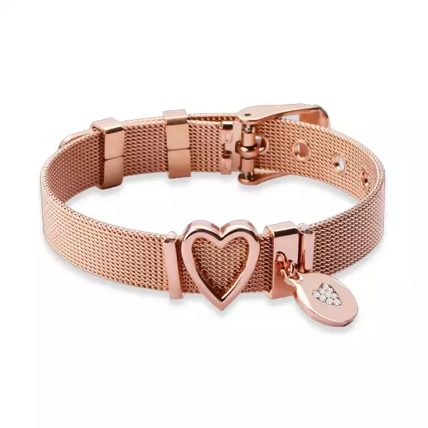 Acél karkötő réz színben, szívvel és lógó gyűrűvel, tiszta cirkónia 
