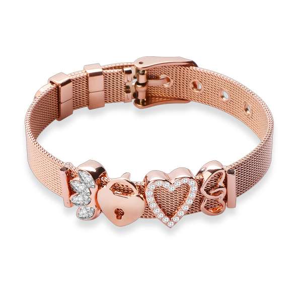 Acél karkötő réz színben - koronával és szívekkel 