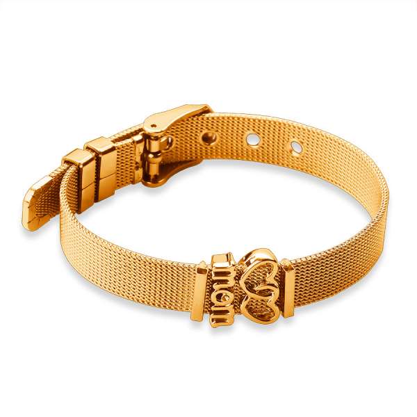 Acél karkötő arany színben, összekötött szívekkel és 