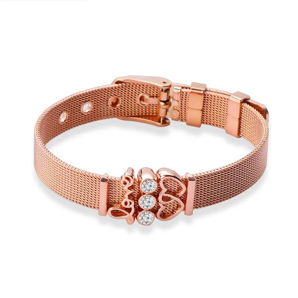 316L acélból készült karkötő réz színben, összekötött szívekkel, cirkóniával és 