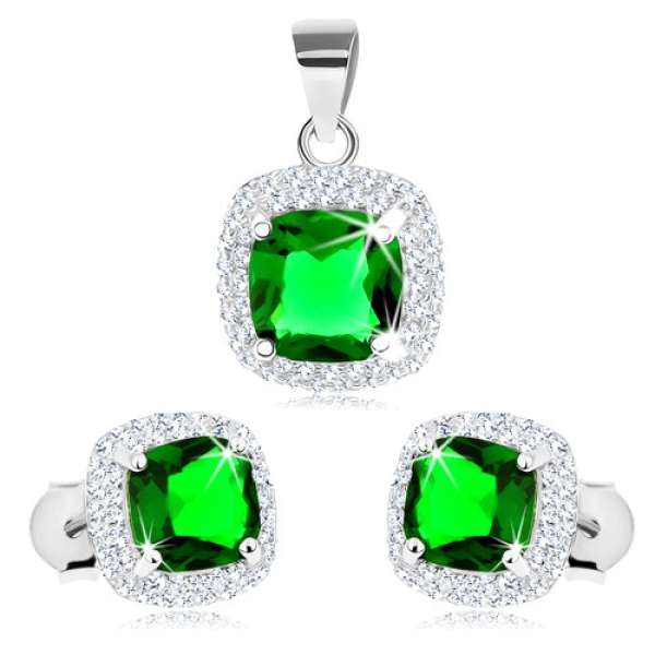 925 ezüst szett medálból és fülbevalóból, zöld négyzetes cirkónia, átlátszó szegély