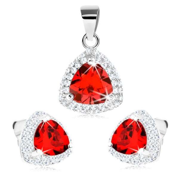 Szett 925 ezüstből, fülbevaló és medál, piros cirkóniás háromszög, átlátszó szegély