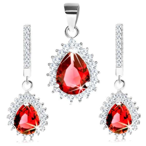 925 ezüst szett - medál és fülbevaló, piros csepp átlátszó szegéllyel