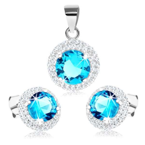 925 ezüst szett - fülbevaló és medál, akvamarinkék cirkónia, átlátszó szegély