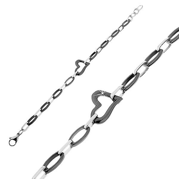 Acél-kerámia karkötő, fekete szív kontúr, ovális láncszemek