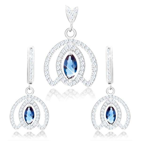 925 ezüst szett, medál és fülbevaló, kehely körvonal, kék cirkónia
