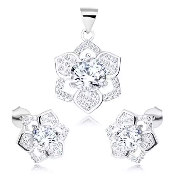 925 ezüst szett, medál és fülbevaló, csillogó virág, átlátszó cirkónia
