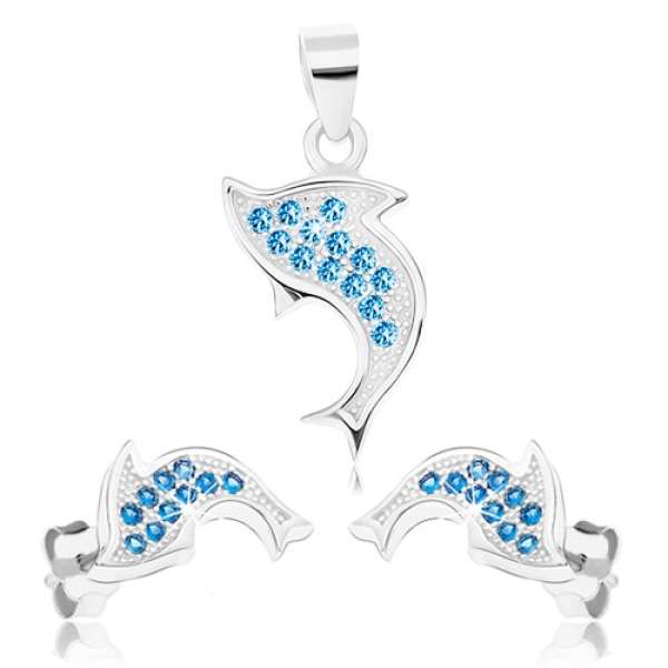 Szett, 925 ezüst, medál és fülbevaló, delfin, kék cirkóniák
