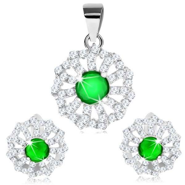 Medál és fülbevaló szett, 925 ezüst, átlátszó cirkóniás szirmok és zöld közép