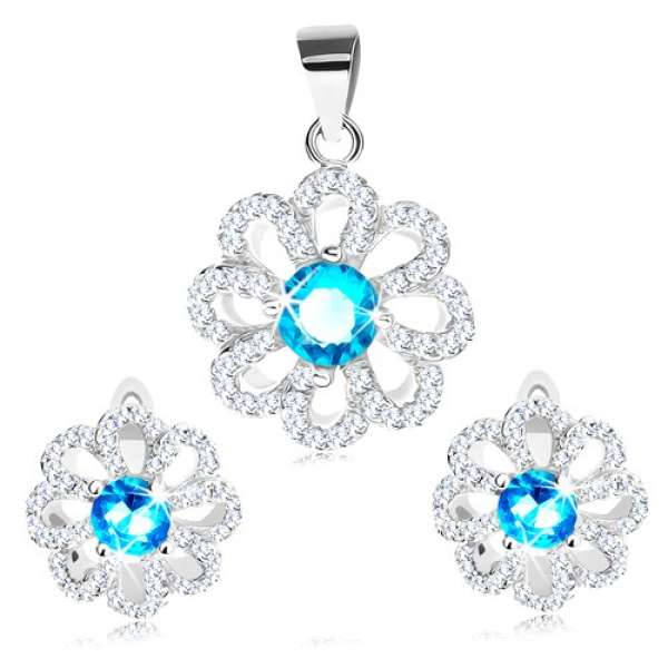925 ezüst szett, fülbevaló, és medál, világoskék és átlátszó szirmok
