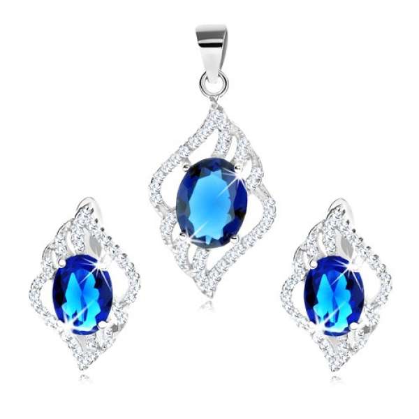 Medál és fülbevaló szett 925 ezüstből, átlátszó levélkörvonal, kék cirkónia