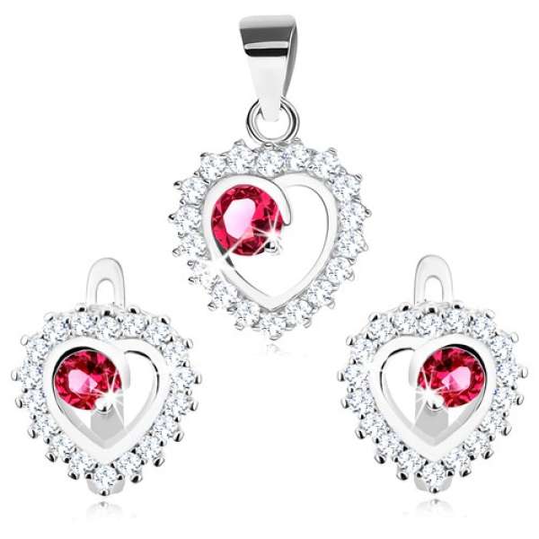 925 ezüst szett - fülbevaló és medál, átlátszó szívkörvonal, kerek rózsaszín cirkónia