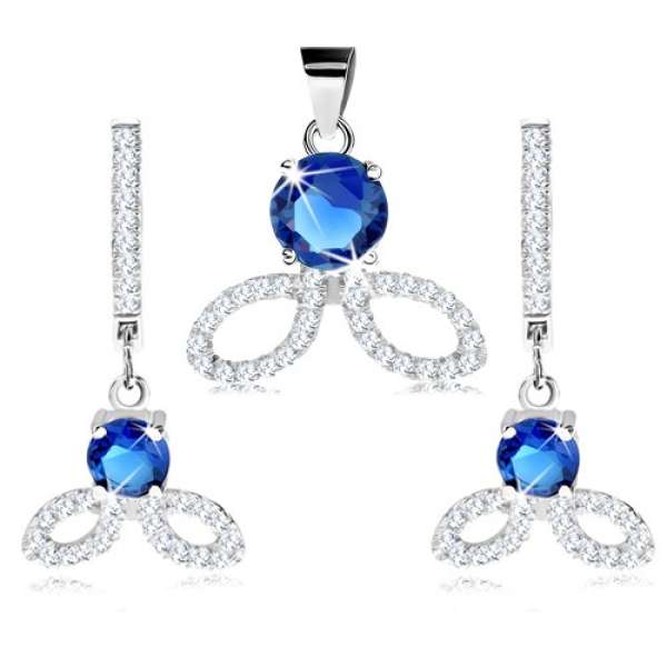 925 ezüst szett, fülbevaló és medál, kék cirkónia, átlátszó szemkörvonalak
