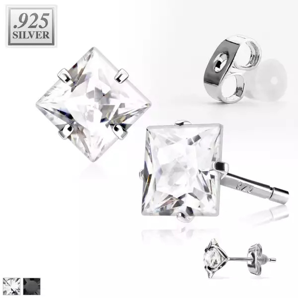Ezüst fülbevaló - nagy, csillogó  kocka cirkónia, négy foggal rögzítve - Méret: 7 x 7 mm, Szín: Fekete 