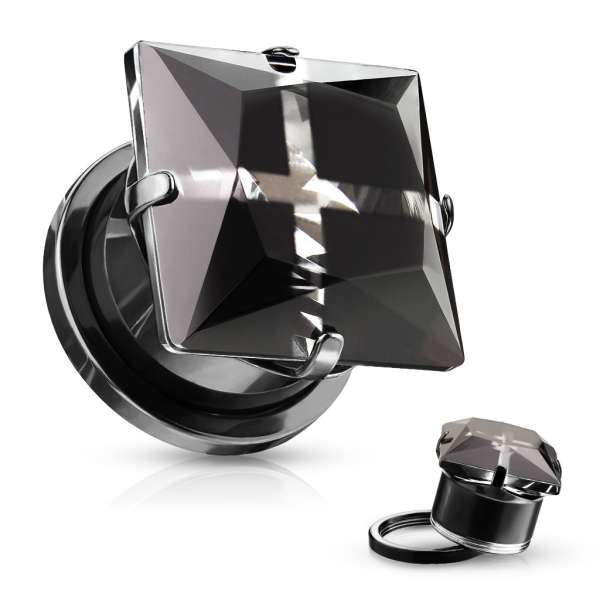 316L acél fültágító dugó - négyzet alakú cirkónia kereszt, fényes felülettel, PVD bevonat technológia - Vastagság_ 14 mm