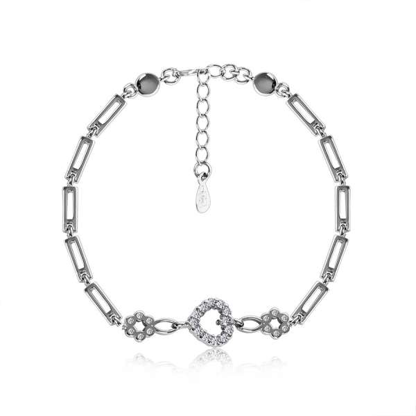 925 Ezüst karkötő, téglalap alakú elemekkel, cirkónia szív és virágok