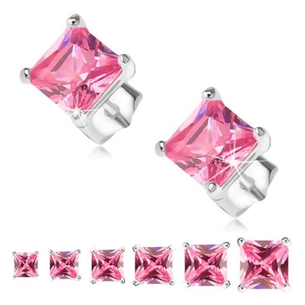 Beszúrós fülbevaló, 925 ezüst, rózsaszín négyzetes cirkónia - A cirkónia nagysága: 5 mm