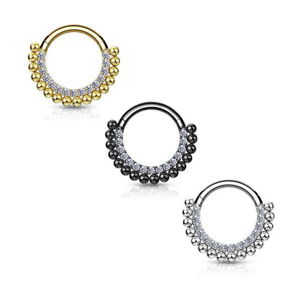 316L acél kerek orr piercing - félkör alakú, apró cirkóniával díszített, fényes golyókkal, 10 mm  - Szín: Fekete 