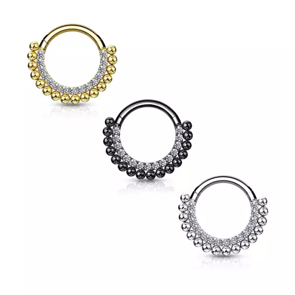 316L acél kerek orr piercing - félkör alakú, apró cirkóniával díszített, fényes golyókkal, 8 mm - Szín: Ezüst