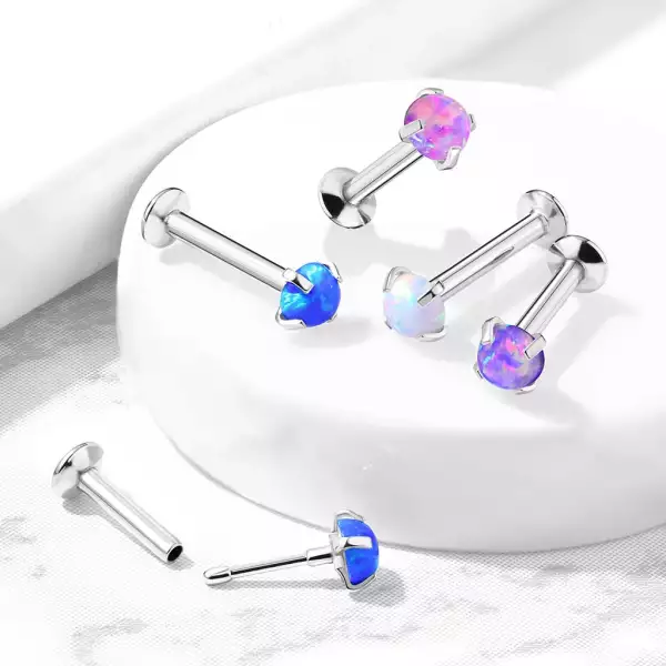 316L acél menet nélküli ajak-, áll- és fül piercing - szintetikus opál tartóban, 8 mm  - Szín: Kék