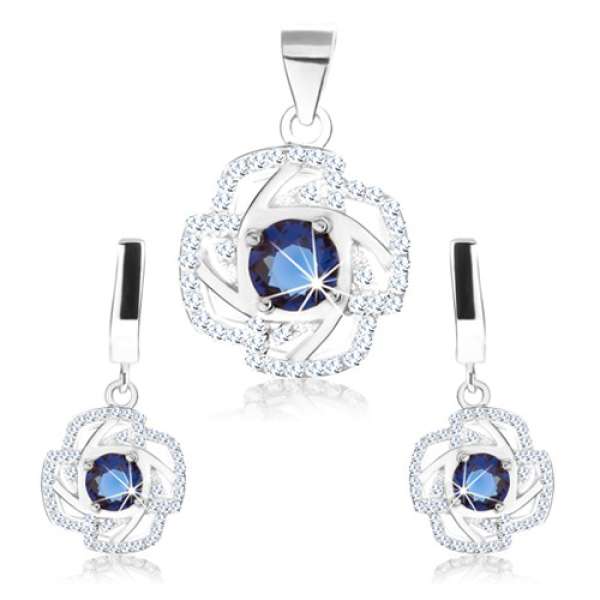 Szett - fülbevaló és medál, 925 ezüst, virág körvonal, kék kerek cirkónia