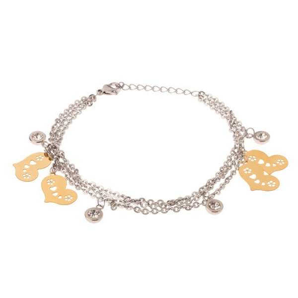 Acél karkötő - hármas lánc, lapos arany színű szívecskék, cirkóniák