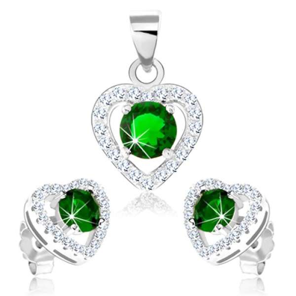 Szett 925 ezüstből, fülbevaló és medál, szív körvonal zöld cirkóniával