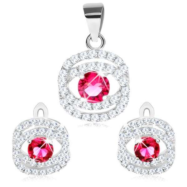 Medál és fülbevaló szett 925 ezüstől, ovális körvonal, rózsaszín cirkónia