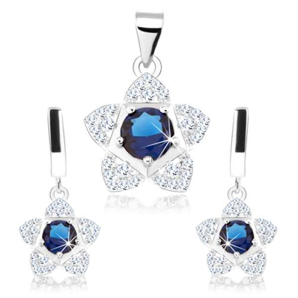 Szett, 925 ezüst, medál és fülbevaló, csillogó virág, kék cirkónia