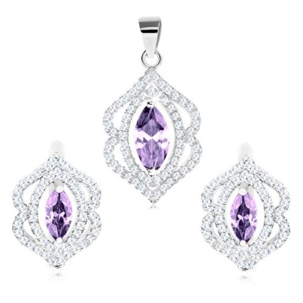Ródiumozott szett, medál és fülbevaló 925 ezüstből, lila szem átlátszó körvonal