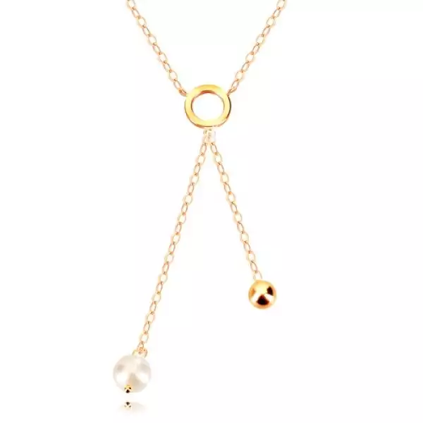 9K arany nyaklánc - karika, tükörfényes folyó és gyöngy a láncon